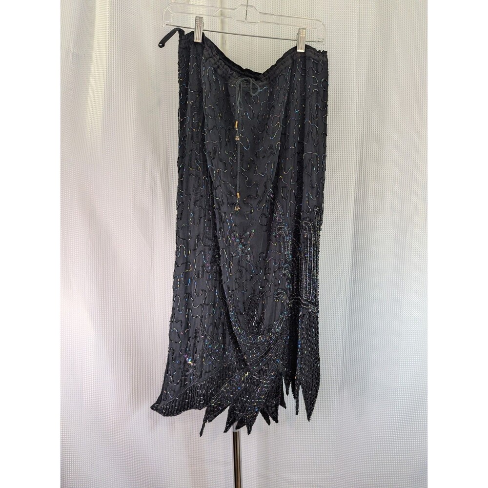 Beaded Vintage Retro Flapper 80's Drawstring Waist Skirt Black Sequin (B07)
